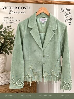 Victor Costa Occasion Green Suede Leather Floral Blazer Jacket Women’s S